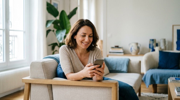 Une propriétaire estime ses aides depuis son salon, sur son smartphone